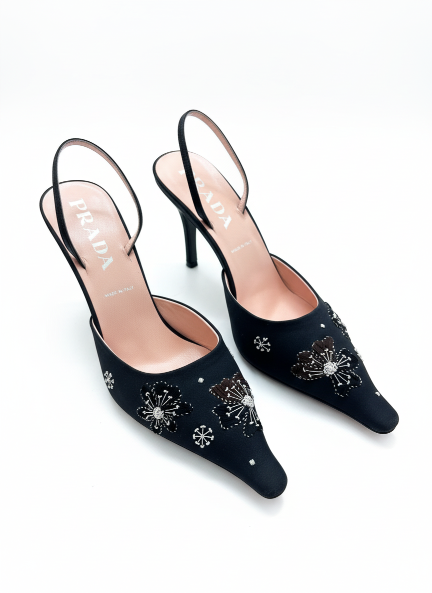 Vintage Prada Embroidered Floral Slingback Heels- late 90s