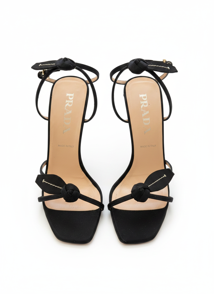Late 90s Prada Black Strappy Rosette Sandals Square Toe Heels Size 38.5