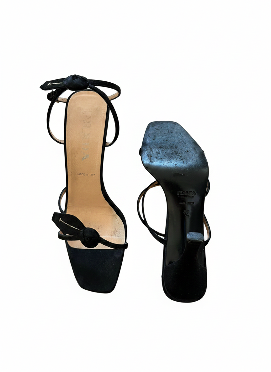 Late 90s Prada Black Strappy Rosette Sandals Square Toe Heels Size 38.5