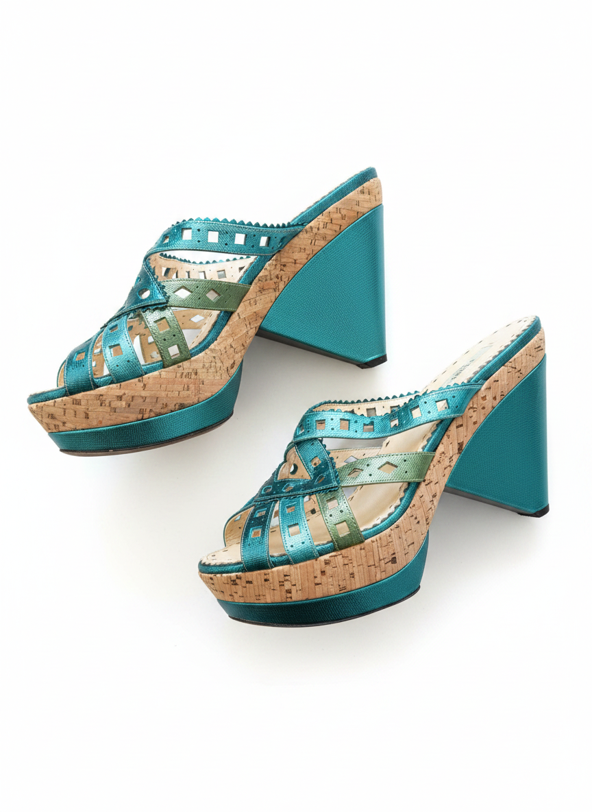Prada Cork Platform Mules Teal Green Cutout Leather Heels Y2K