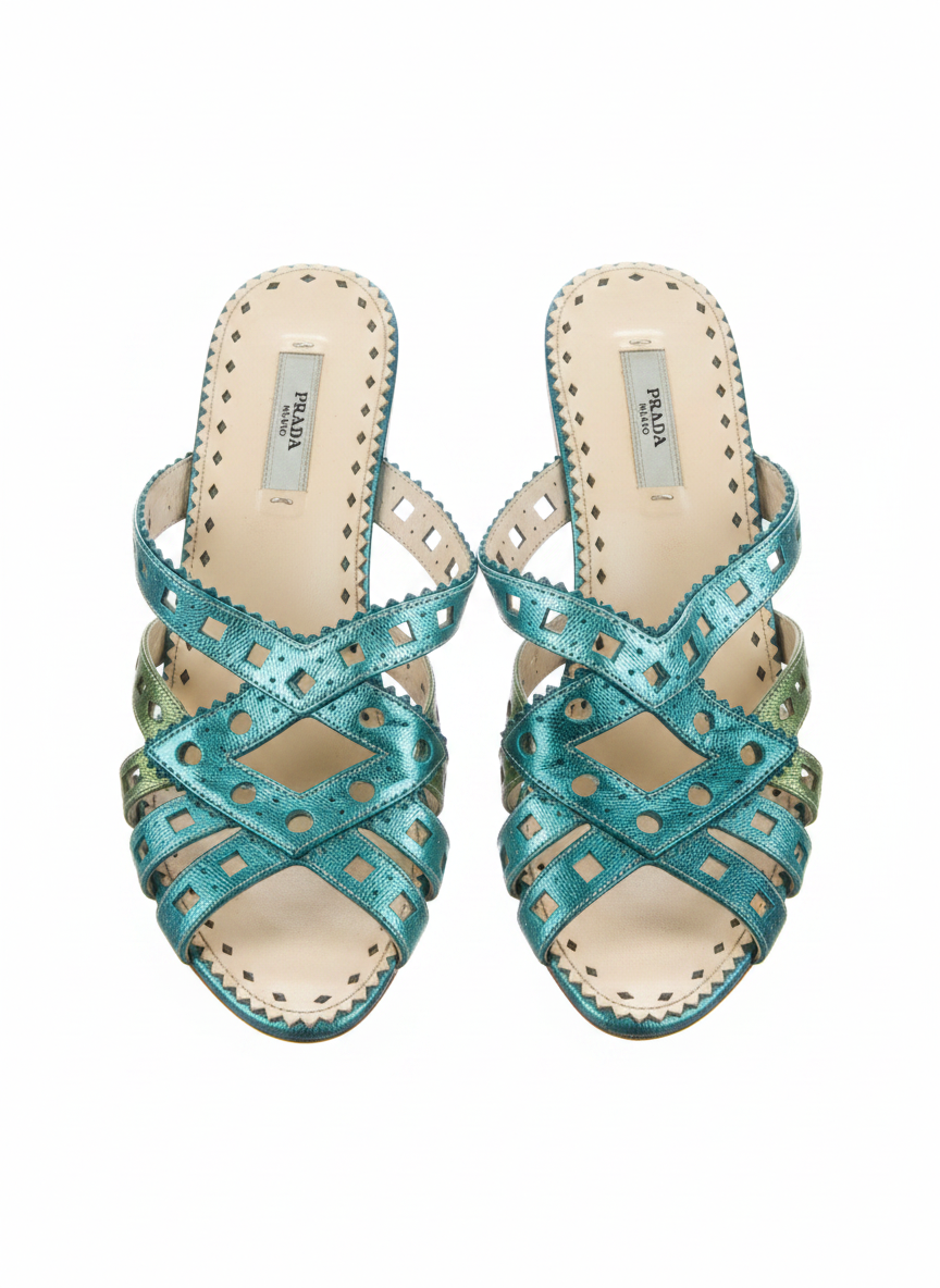 Prada Cork Platform Mules Teal Green Cutout Leather Heels Y2K