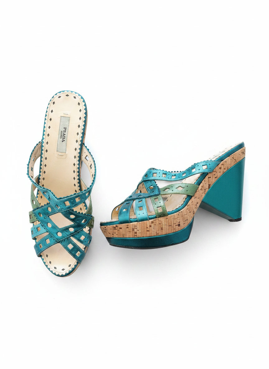 Prada Cork Platform Mules Teal Green Cutout Leather Heels Y2K