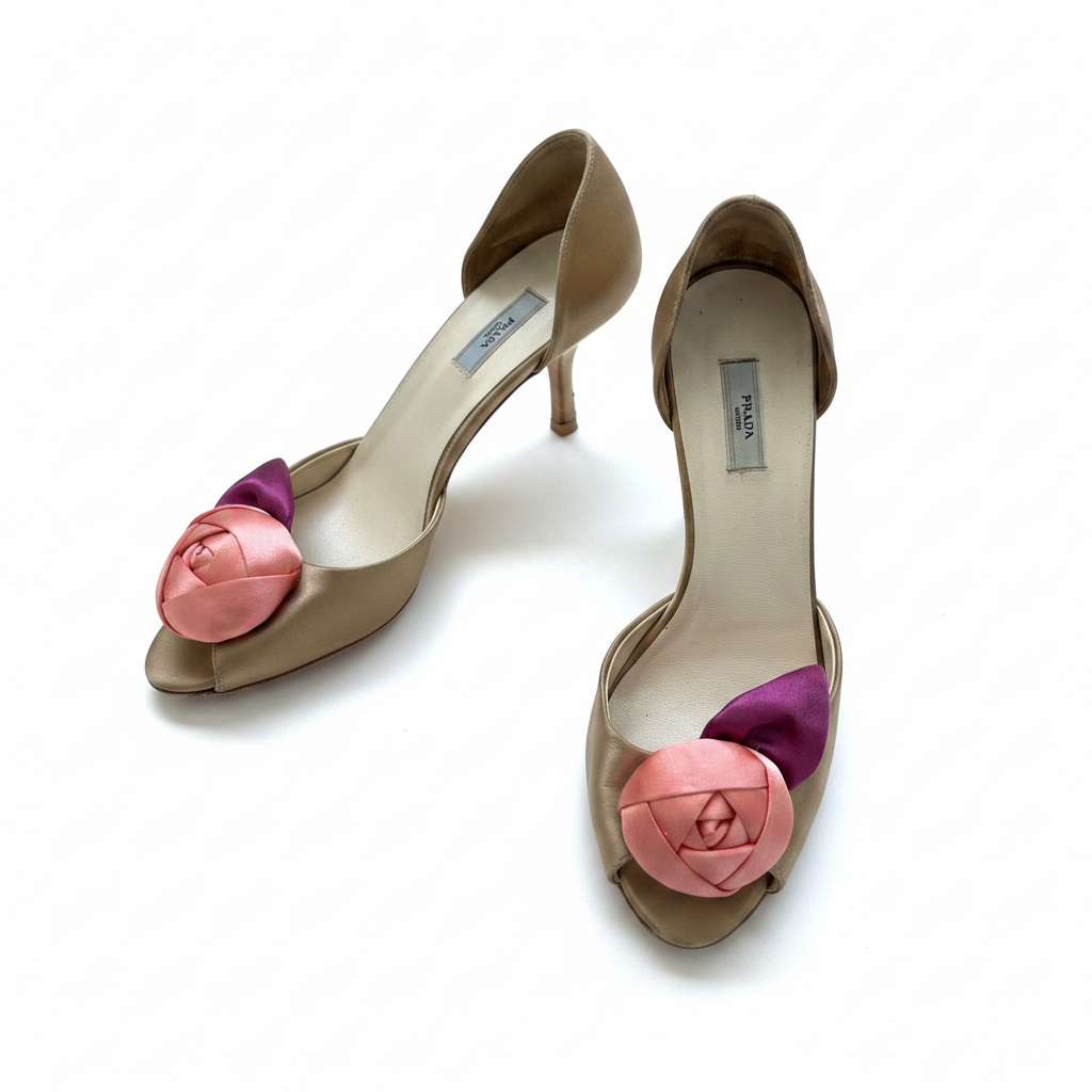 Prada Satin Kitten Heel Sandals Size 36 Gold Beige Vero Cuoio Y2K Made in Italy