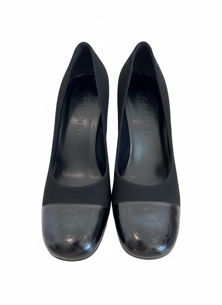 CHANEL Camellia Cap Toe Square Pumps. Karl Lagerfeld Era -Early 2000s