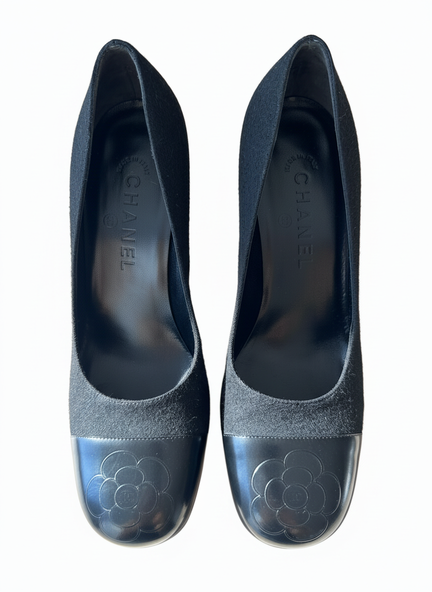 CHANEL Camellia Cap Toe Square Pumps. Karl Lagerfeld Era -Early 2000s