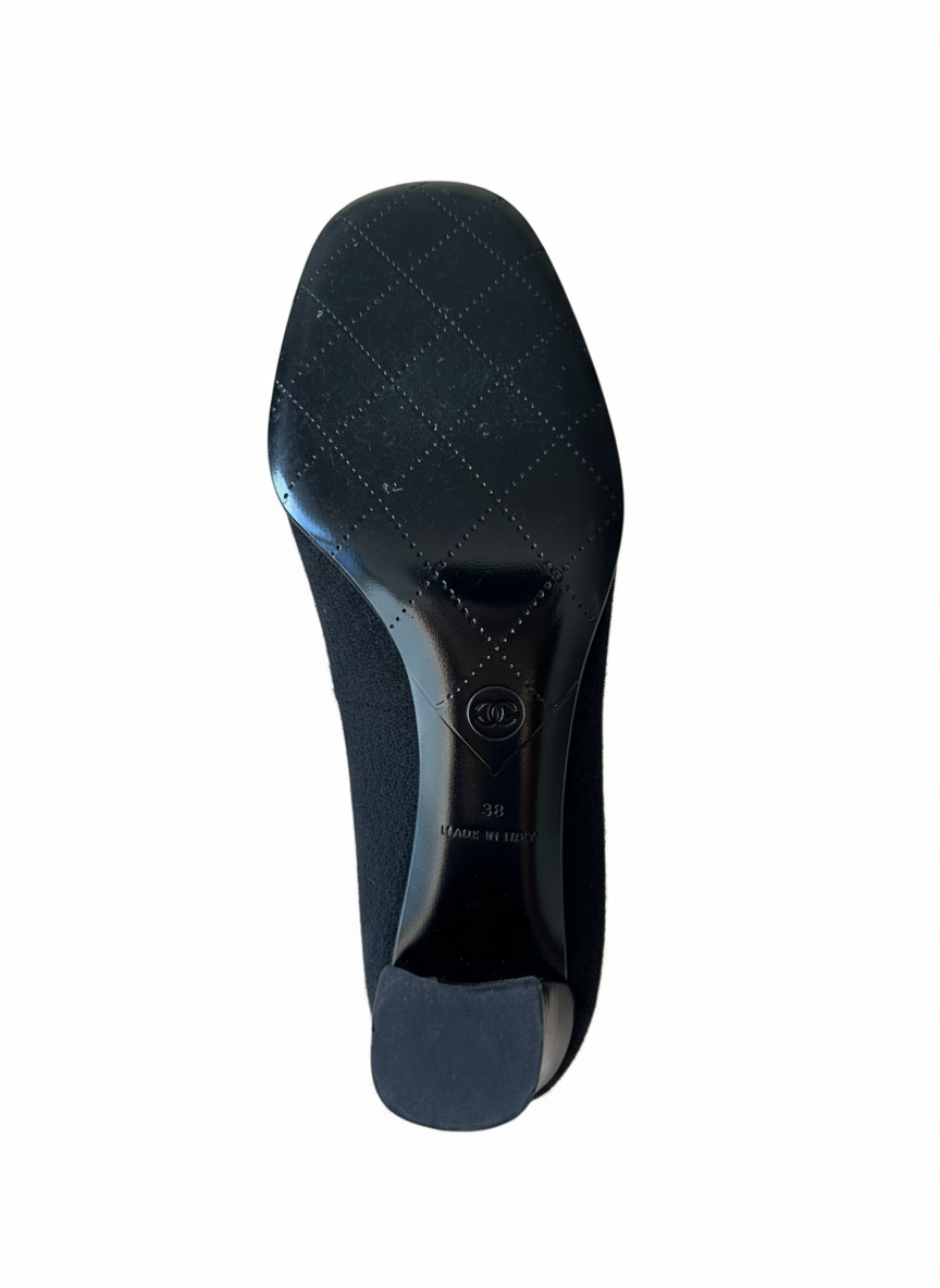 CHANEL Camellia Cap Toe Square Pumps. Karl Lagerfeld Era -Early 2000s