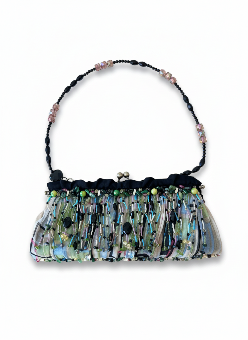 Vintage Mary Frances Beaded Evening Bag – Hand Embellished Silk Clutch with Fringe Beading