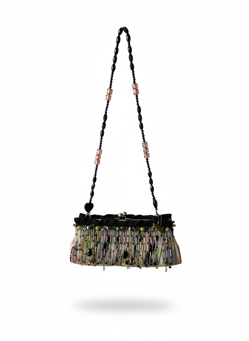 Vintage Mary Frances Beaded Evening Bag – Hand Embellished Silk Clutch with Fringe Beading