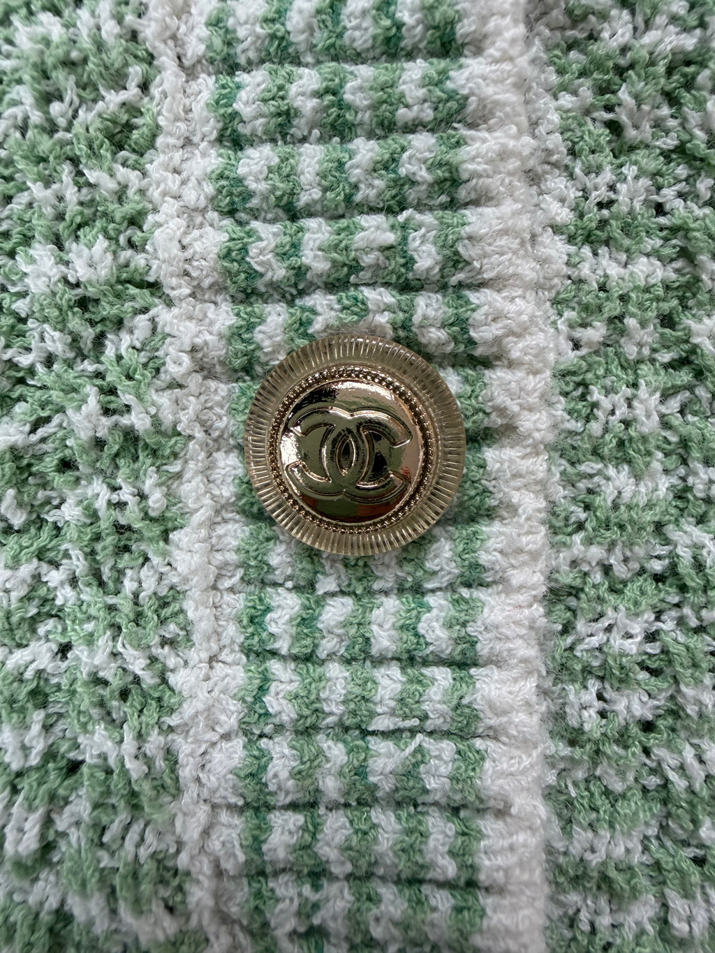 CHANEL Textured Bouclé Cardigan – Mint & Ivory | Gold CC Hardware