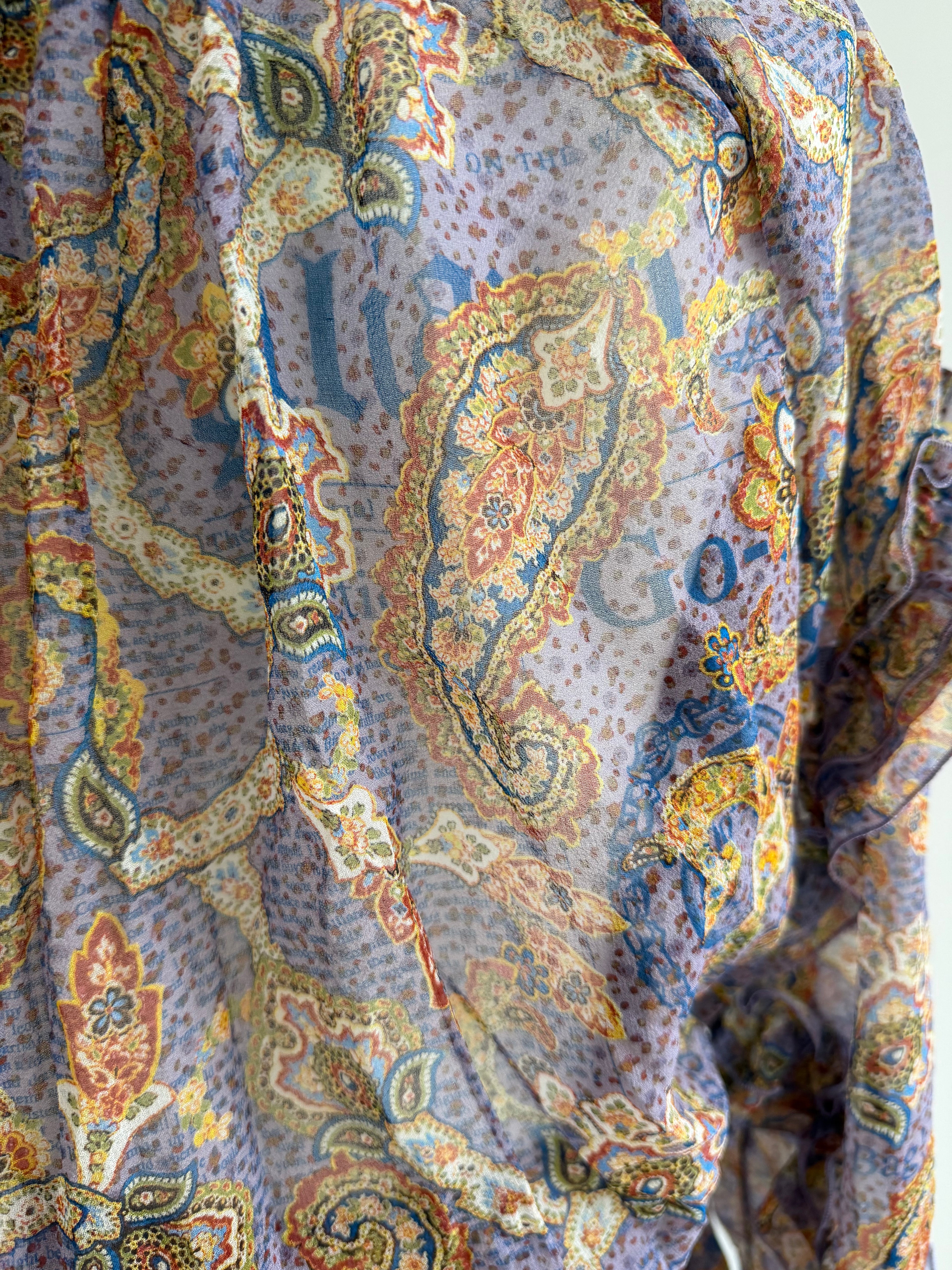 John Galliano Sheer Silk Paisley Dress – Lavender Boho Off-Shoulder with Tassel Tie