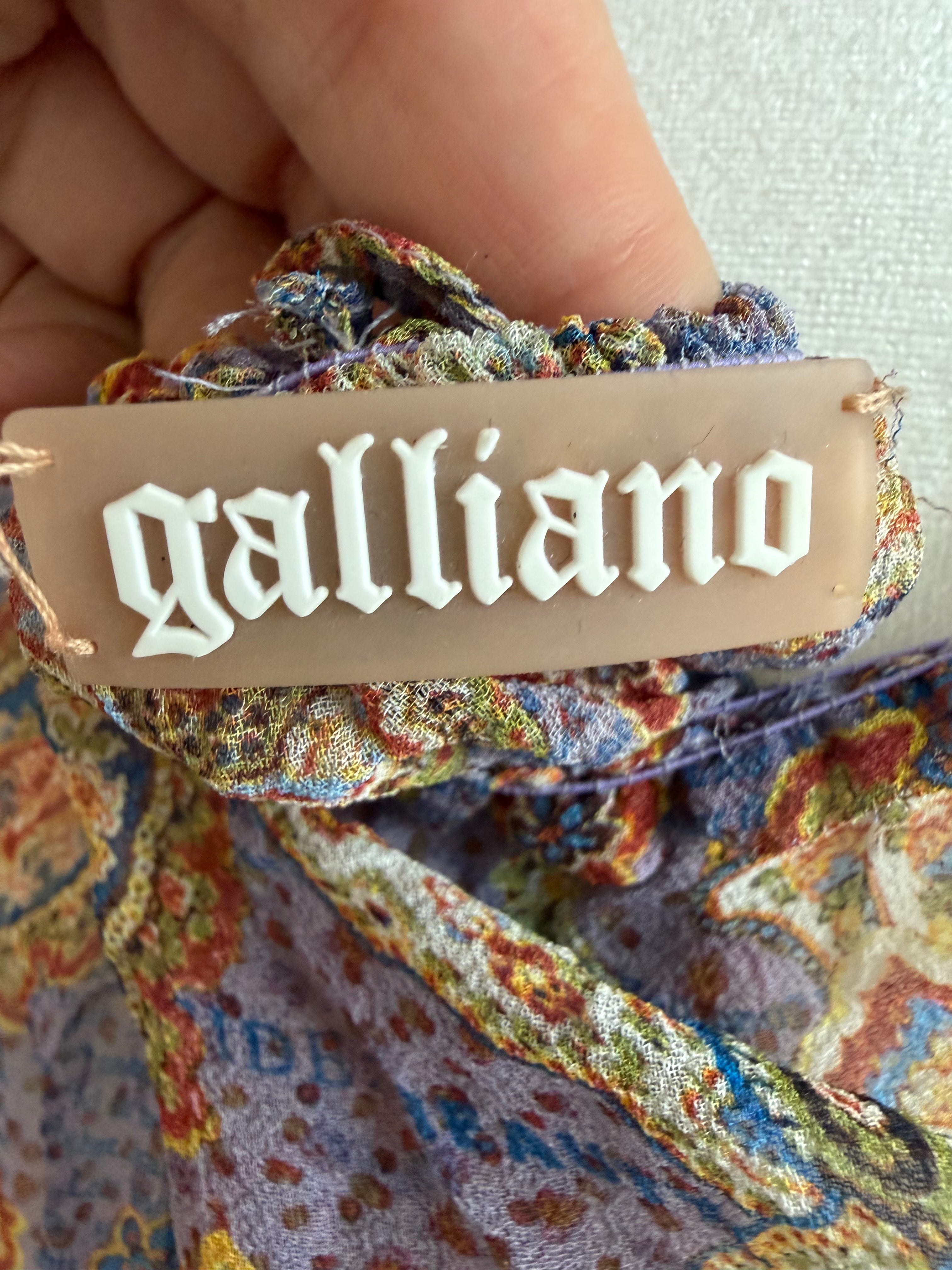 John Galliano Sheer Silk Paisley Dress – Lavender Boho Off-Shoulder with Tassel Tie