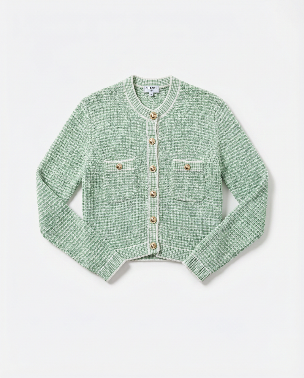 CHANEL Textured Bouclé Cardigan – Mint & Ivory | Gold CC Hardware