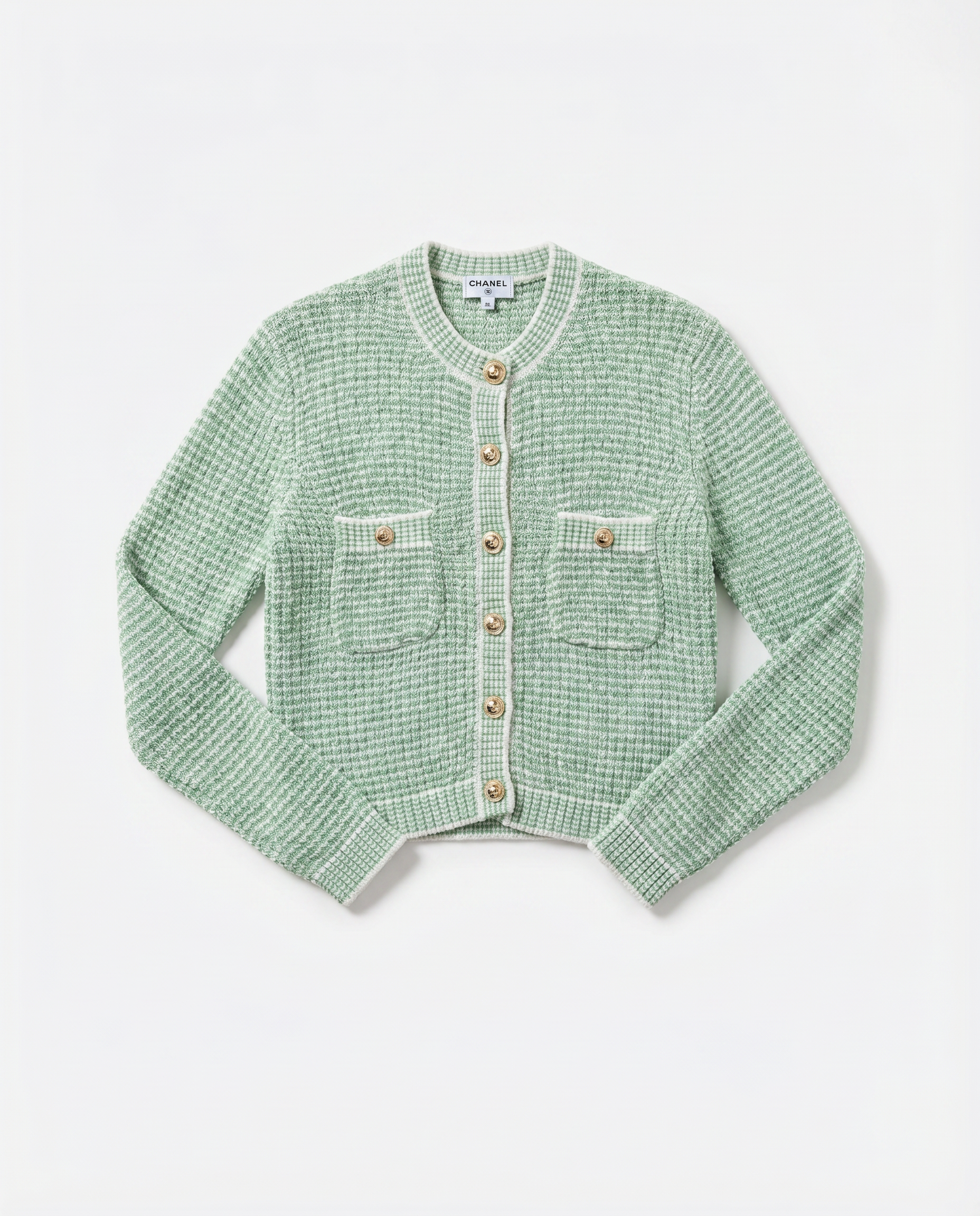 CHANEL Textured Bouclé Cardigan – Mint & Ivory | Gold CC Hardware