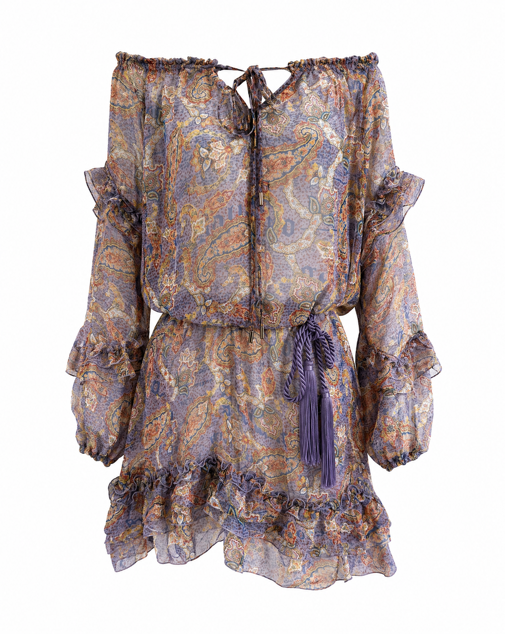 John Galliano Sheer Silk Paisley Dress – Lavender Boho Off-Shoulder with Tassel Tie