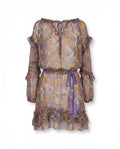 John Galliano Sheer Silk Paisley Dress – Lavender Boho Off-Shoulder with Tassel Tie