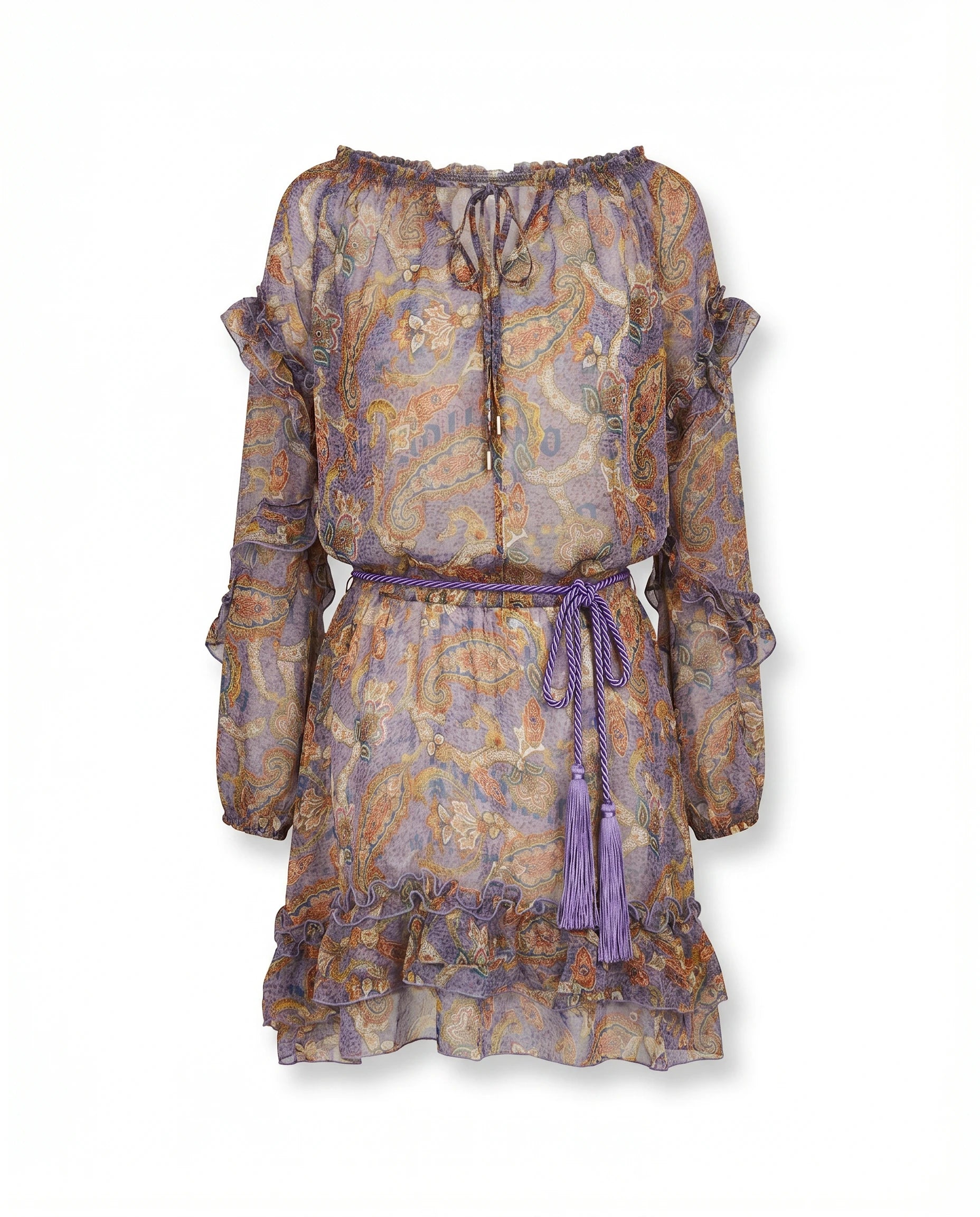 John Galliano Sheer Silk Paisley Dress – Lavender Boho Off-Shoulder with Tassel Tie