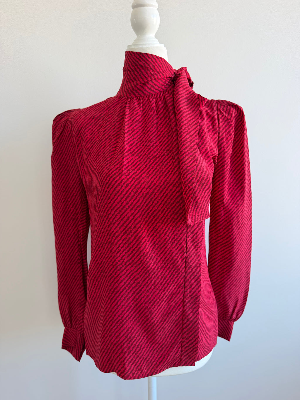 1980 Saint Laurent Rive Gauche Red Silk Pussy Bow Blouse