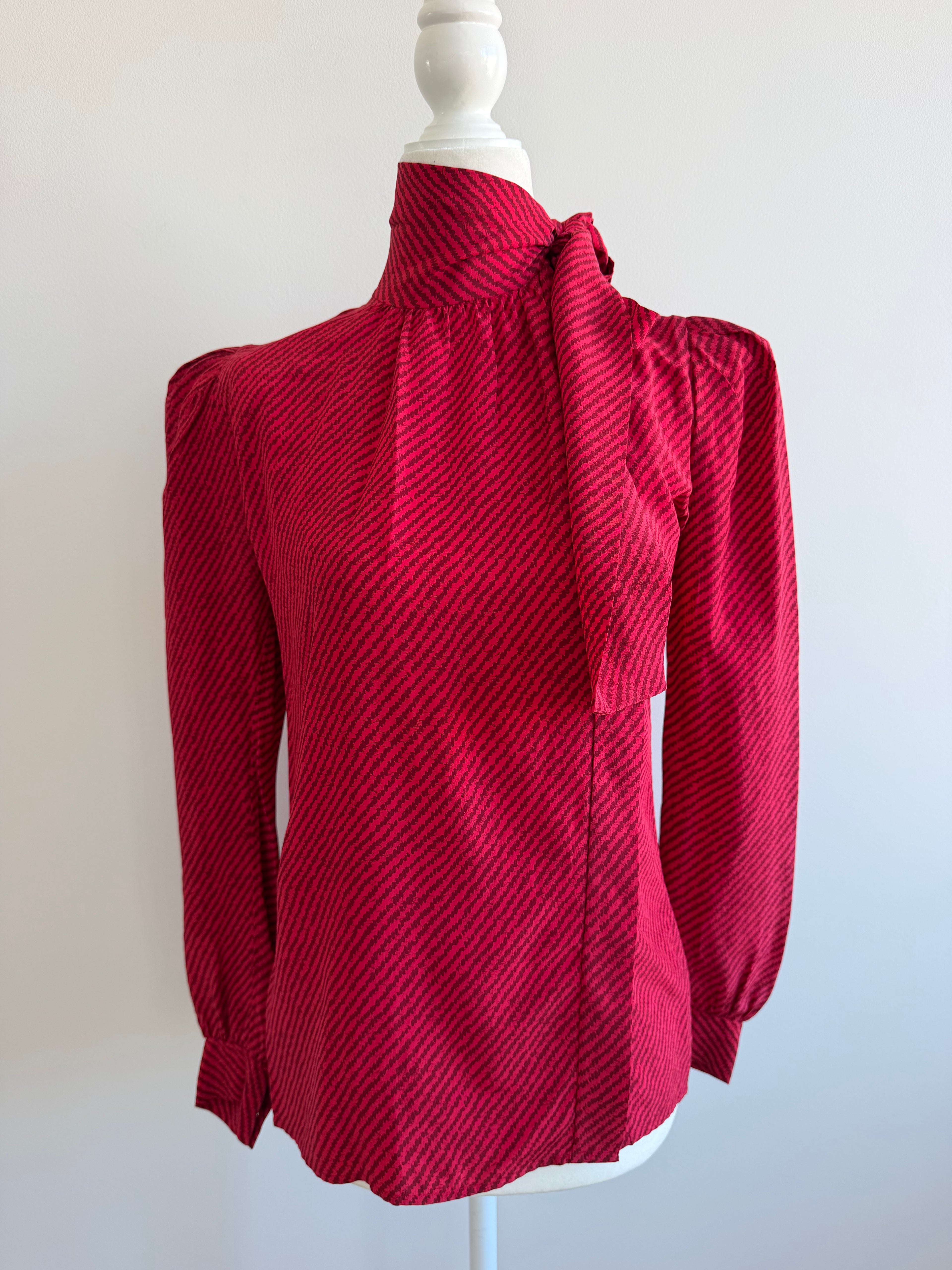 1980 Saint Laurent Rive Gauche Red Silk Pussy Bow Blouse