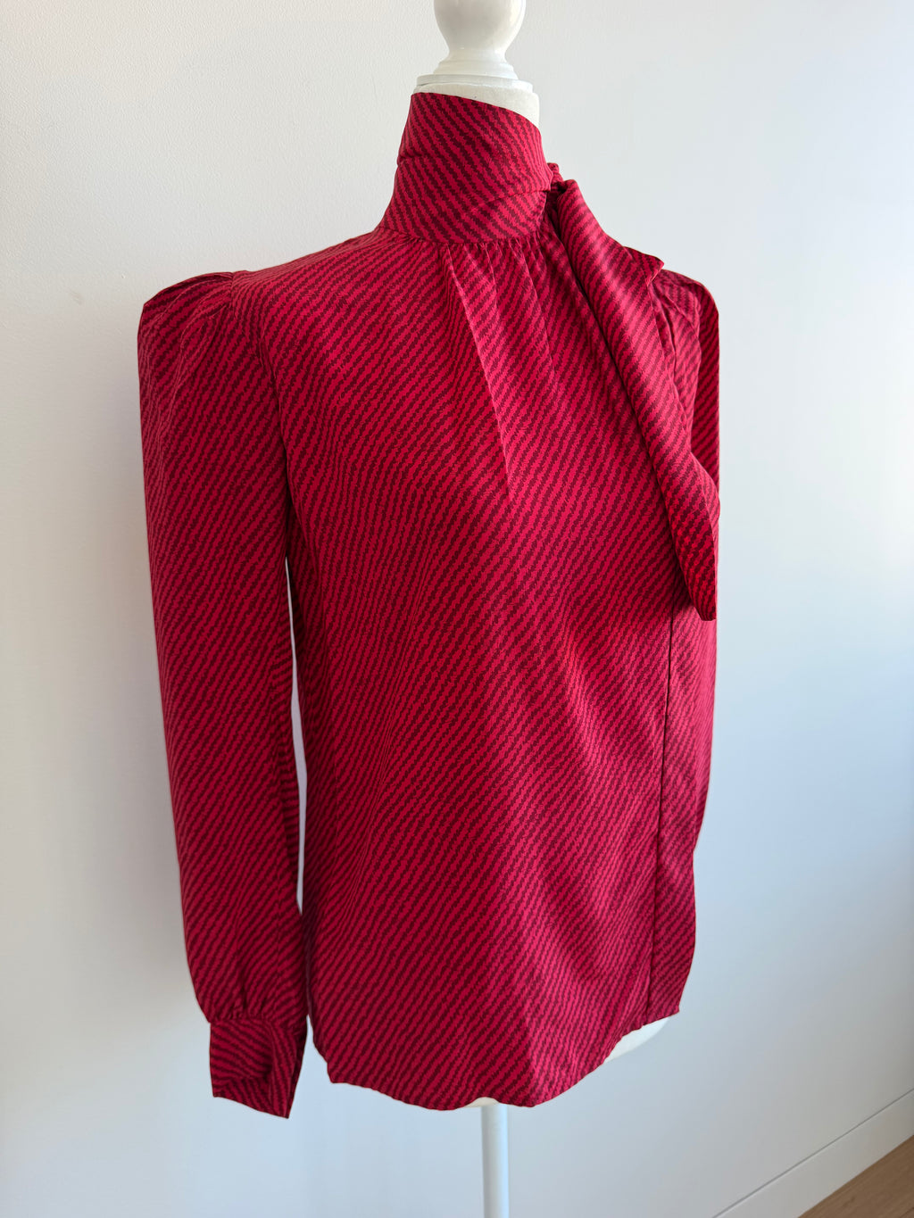 1980 Saint Laurent Rive Gauche Red Silk Pussy Bow Blouse