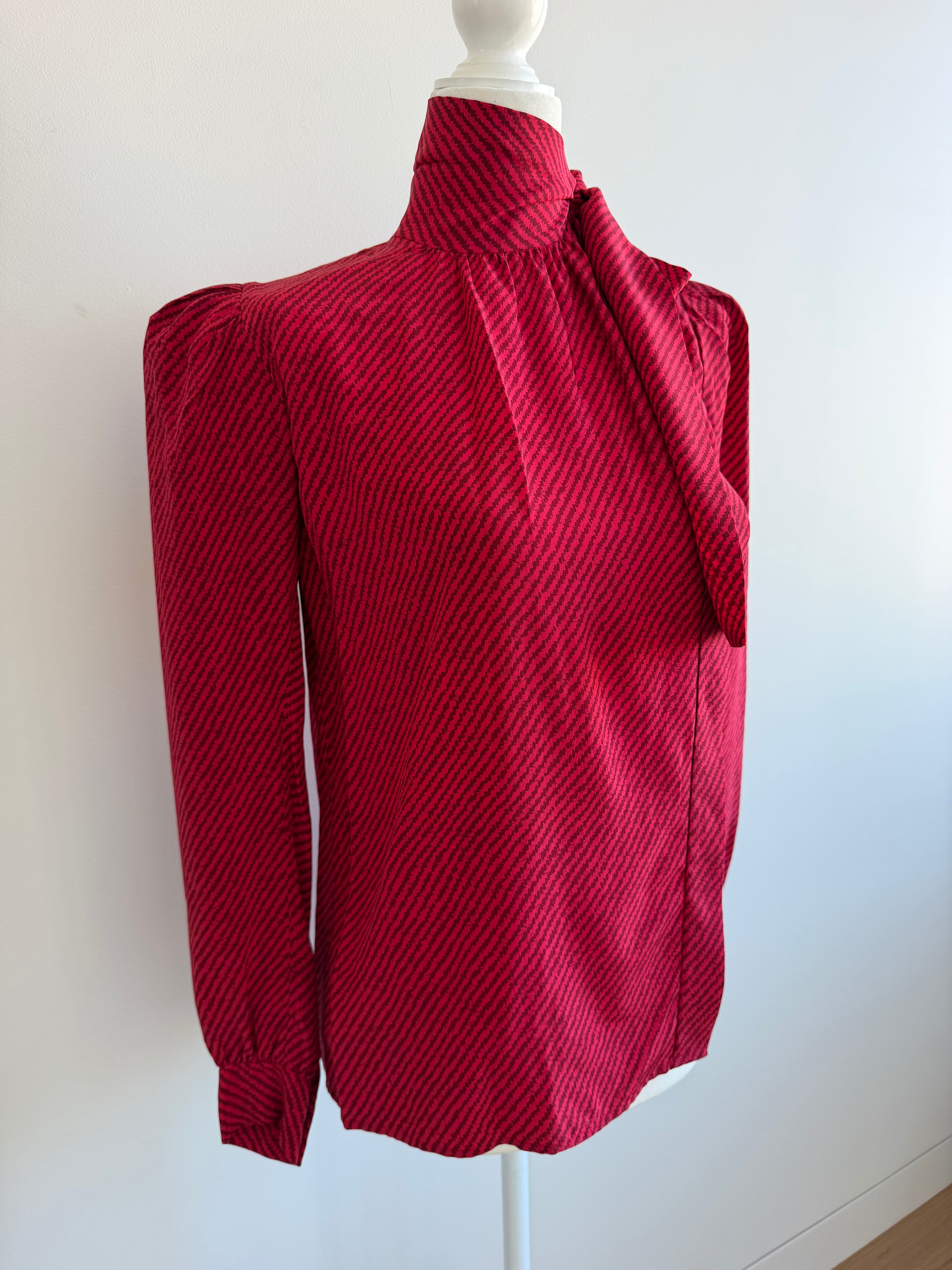 1980 Saint Laurent Rive Gauche Red Silk Pussy Bow Blouse