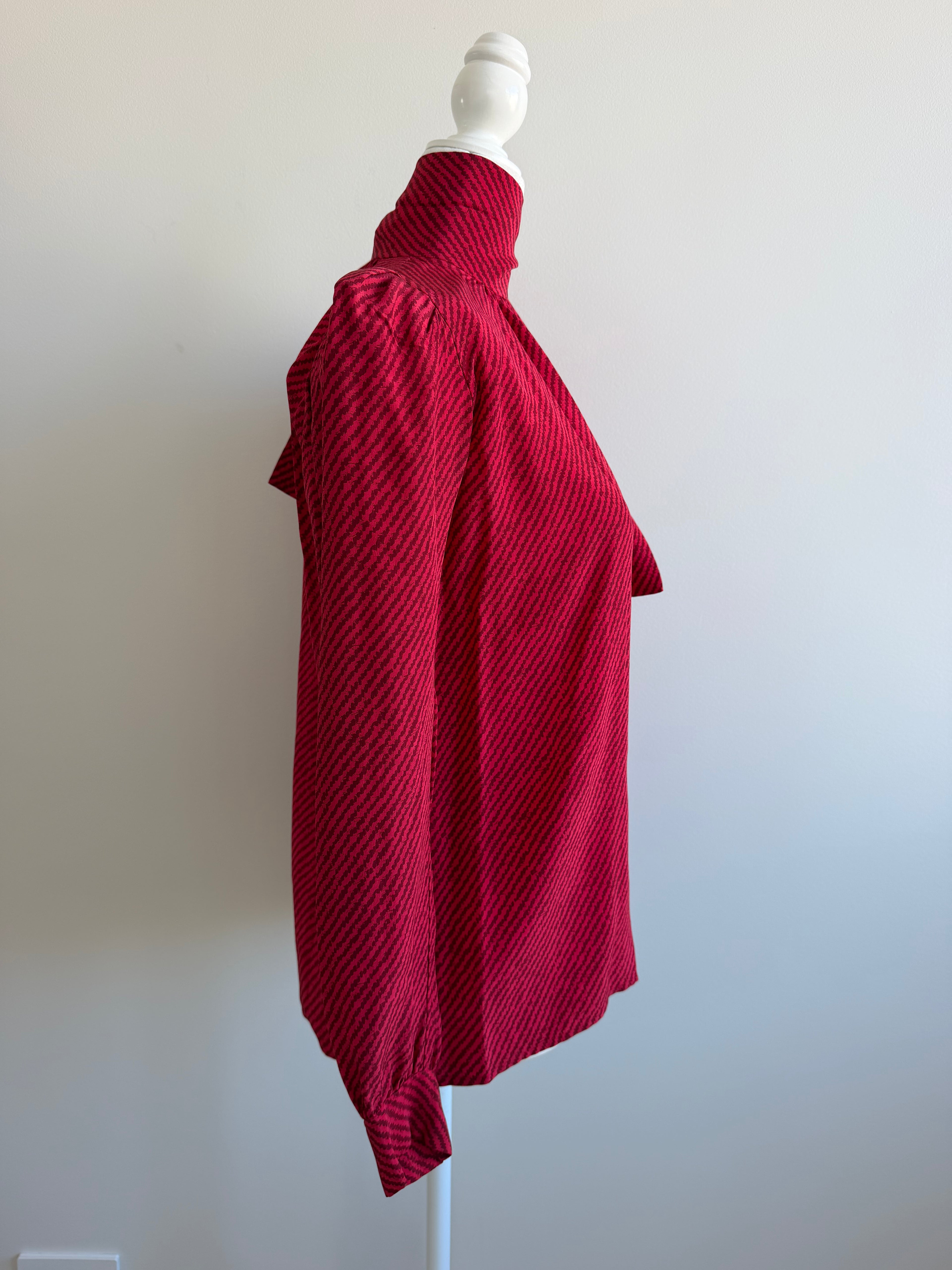 1980 Saint Laurent Rive Gauche Red Silk Pussy Bow Blouse