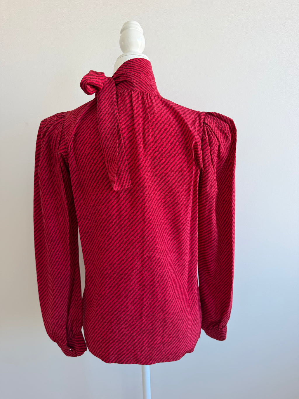 1980 Saint Laurent Rive Gauche Red Silk Pussy Bow Blouse
