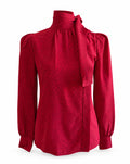 1980 Saint Laurent Rive Gauche Red Silk Pussy Bow Blouse