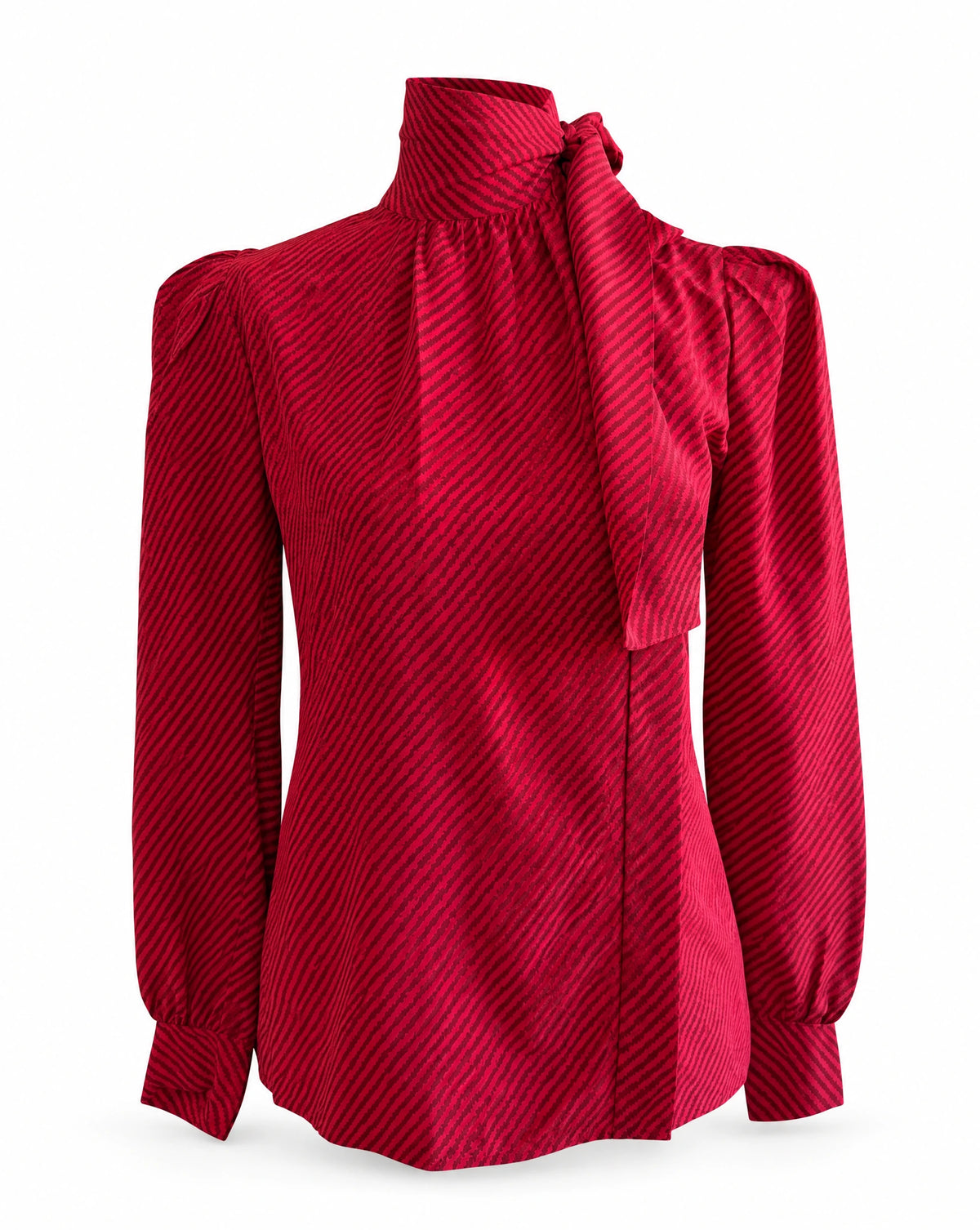 1980 Saint Laurent Rive Gauche Red Silk Pussy Bow Blouse