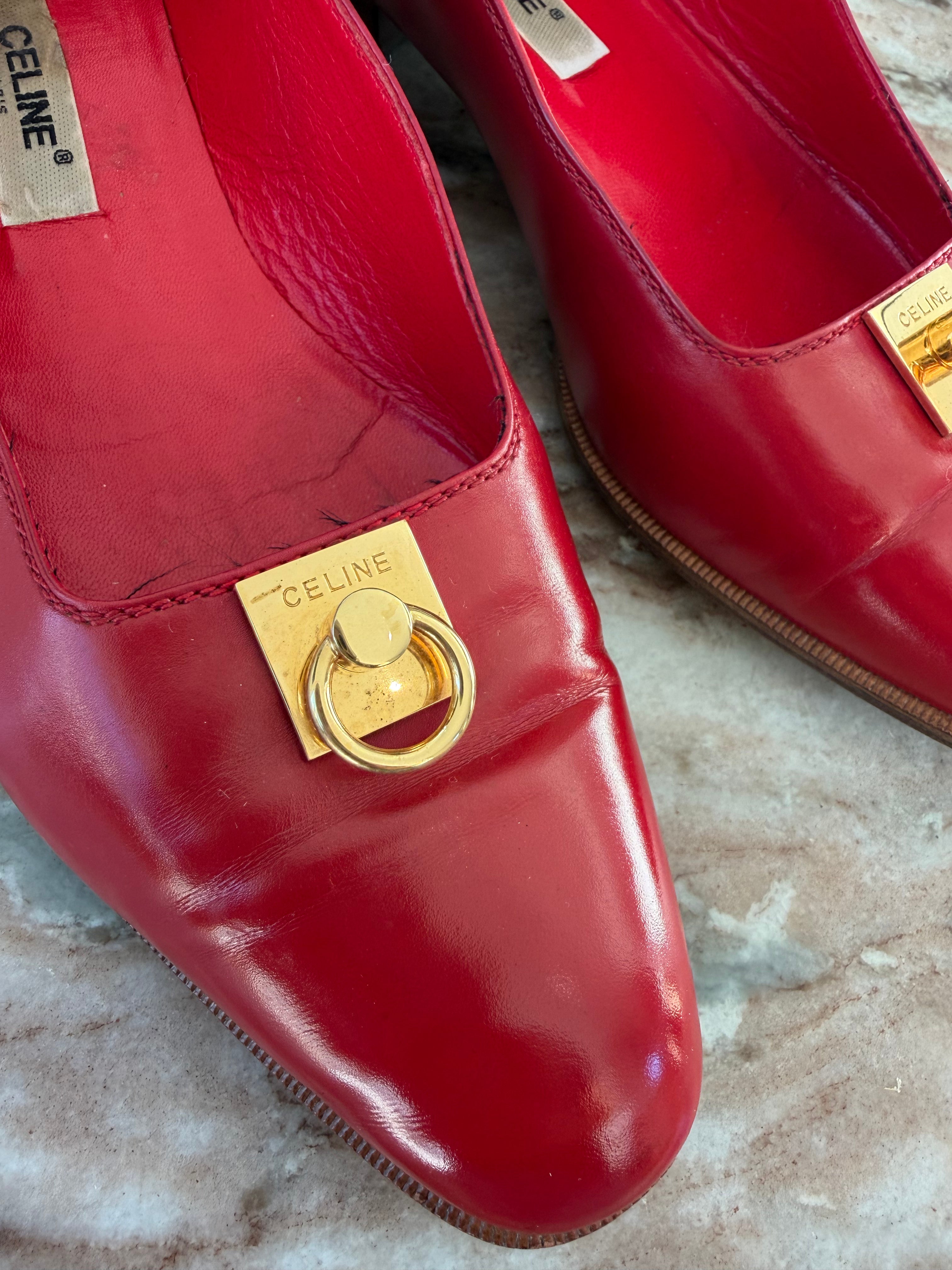 Celine Paris Red Leather Gold Ring Hardware Flats – Size 37