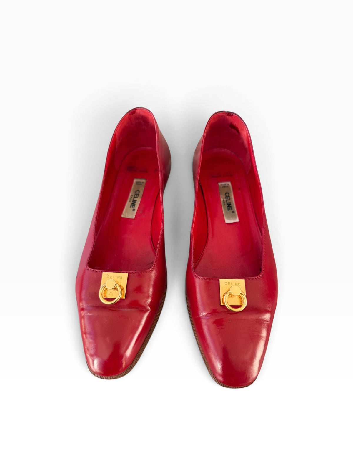Celine Paris Red Leather Gold Ring Hardware Flats – Size 37