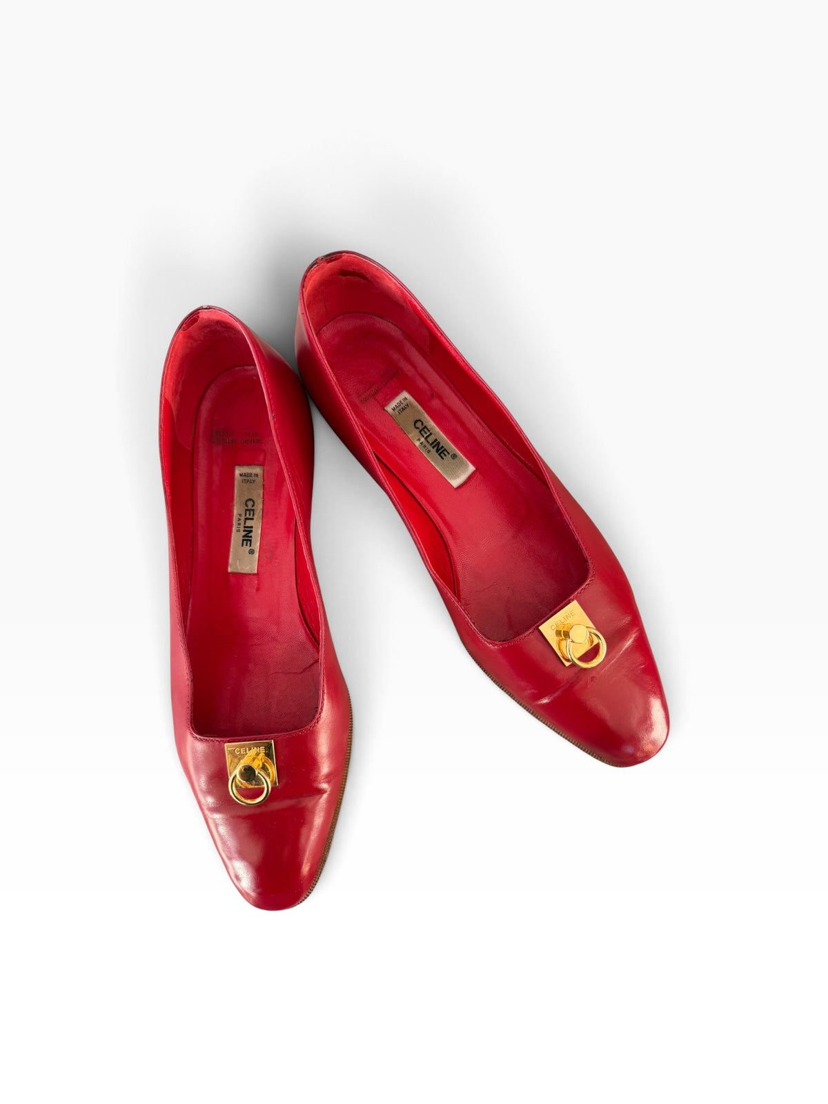 Celine Paris Red Leather Gold Ring Hardware Flats – Size 37