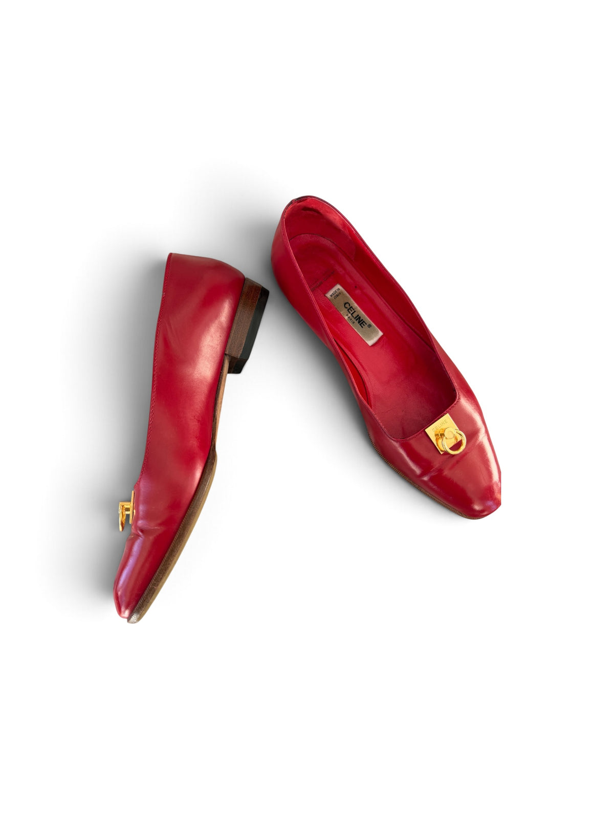 Celine Paris Red Leather Gold Ring Hardware Flats – Size 37