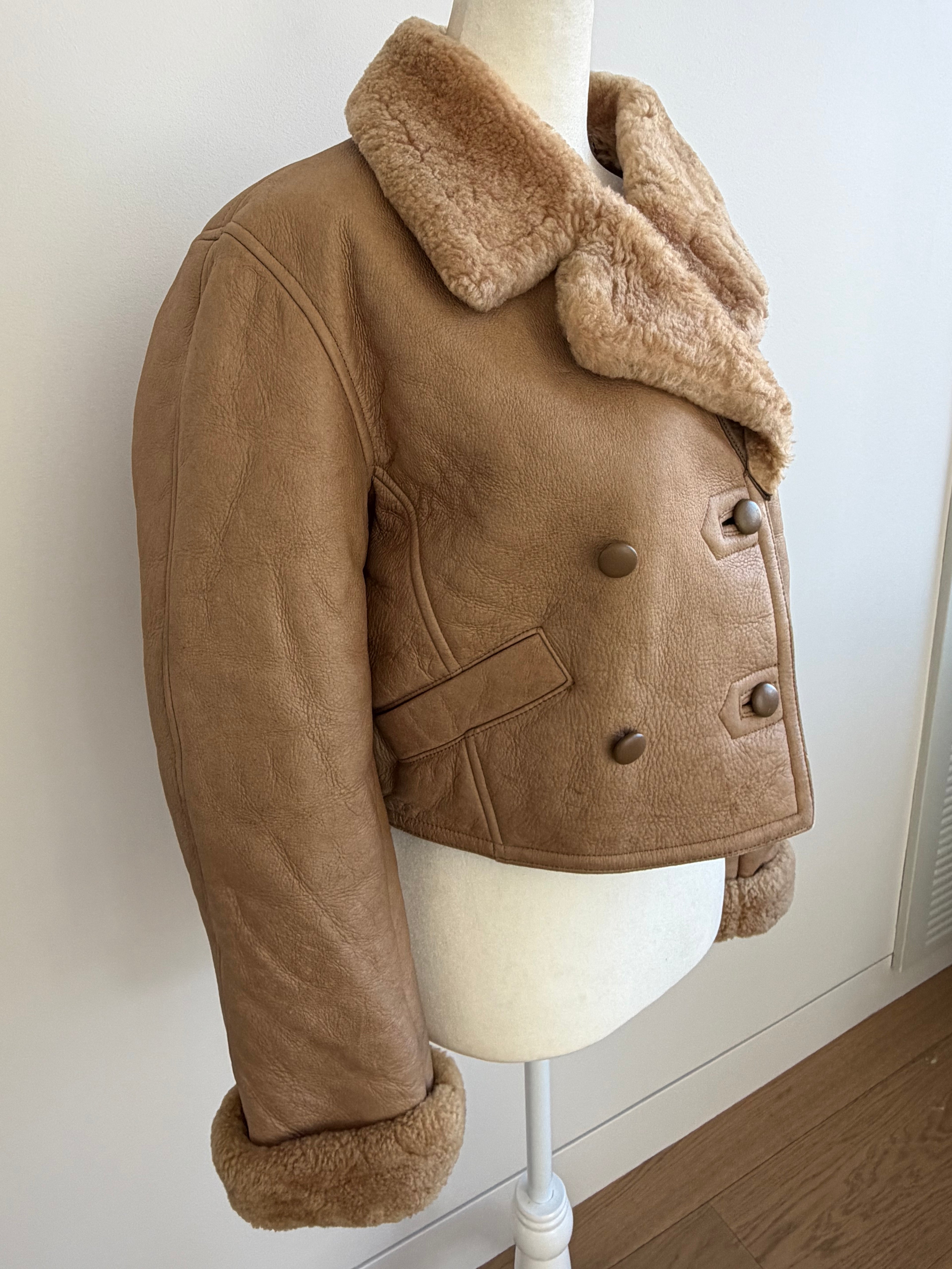 Grey Genuine Shearling Cropped Aviator Jacket - 1970s