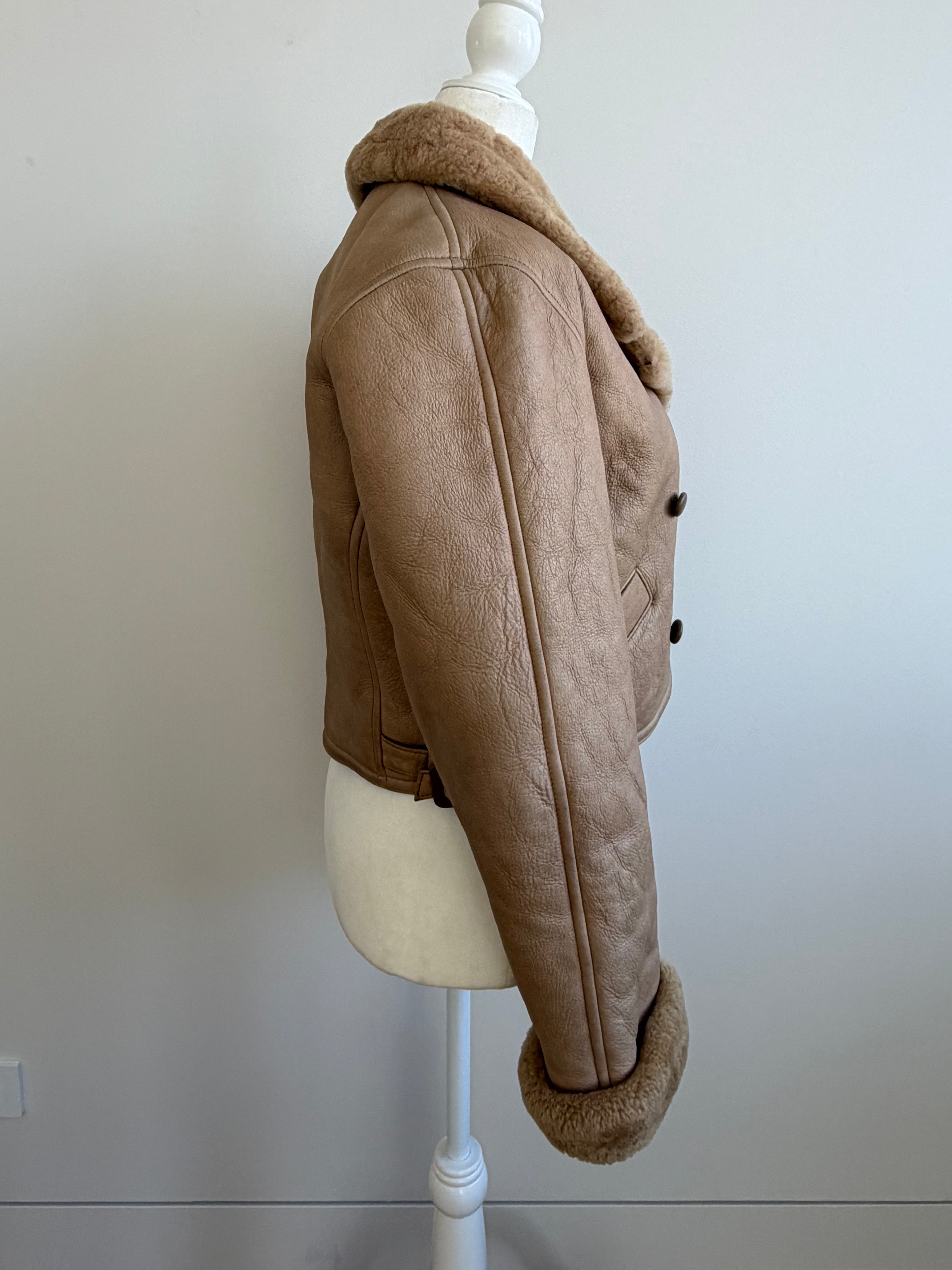 Grey Genuine Shearling Cropped Aviator Jacket - 1970s