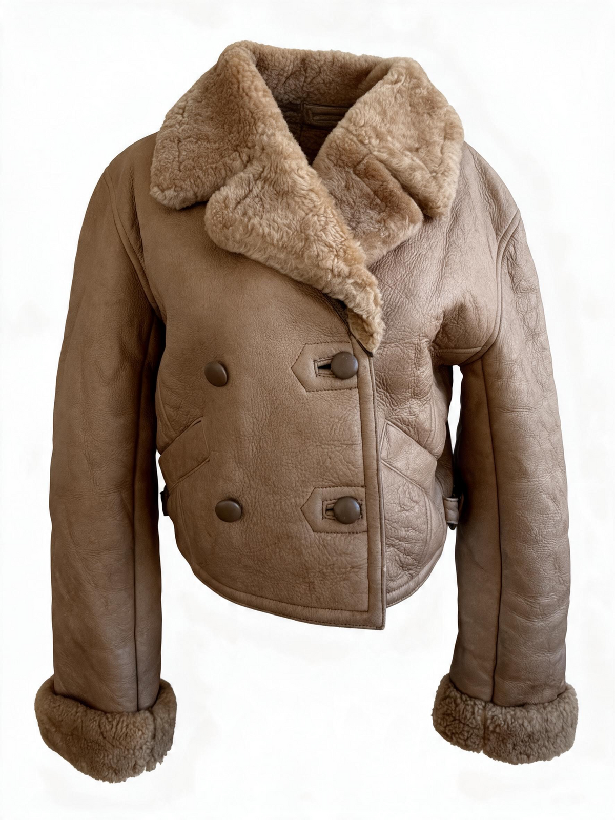 Grey Genuine Shearling Cropped Aviator Jacket - 1970s