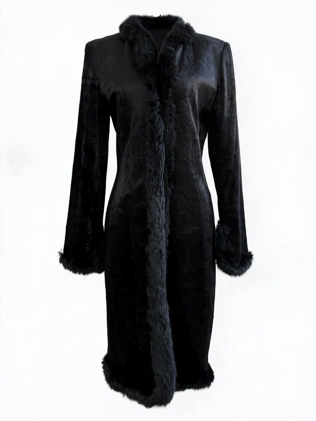 1990s Black Crushed Velvet Fur-Trimmed Long Coat