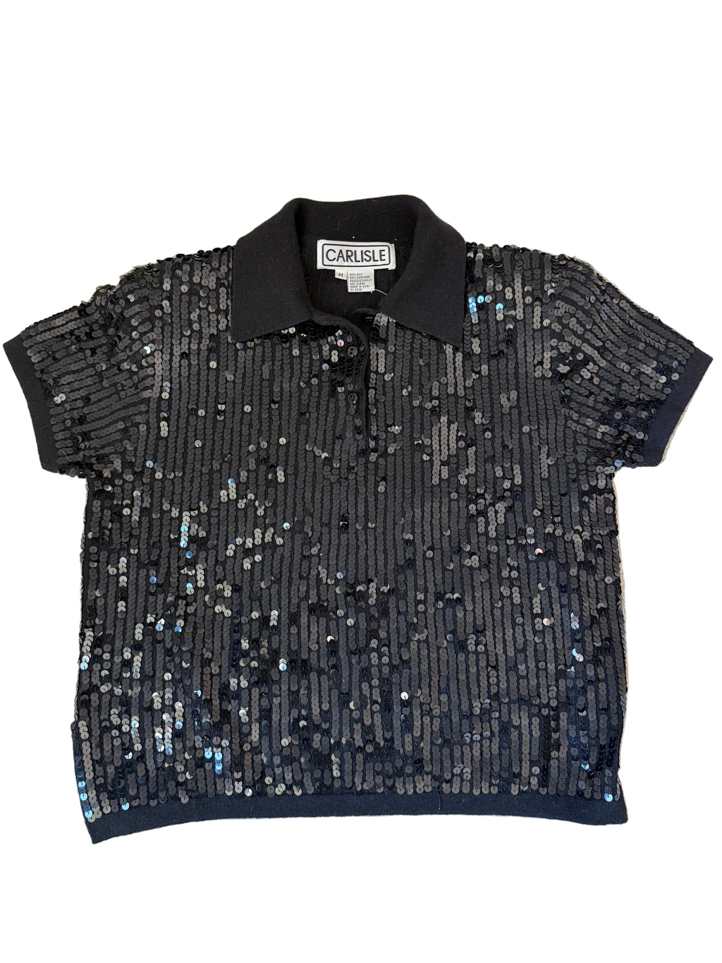 Vintage 1990s early 2000s Carlisle black silk and cashmere sequin knit polo top