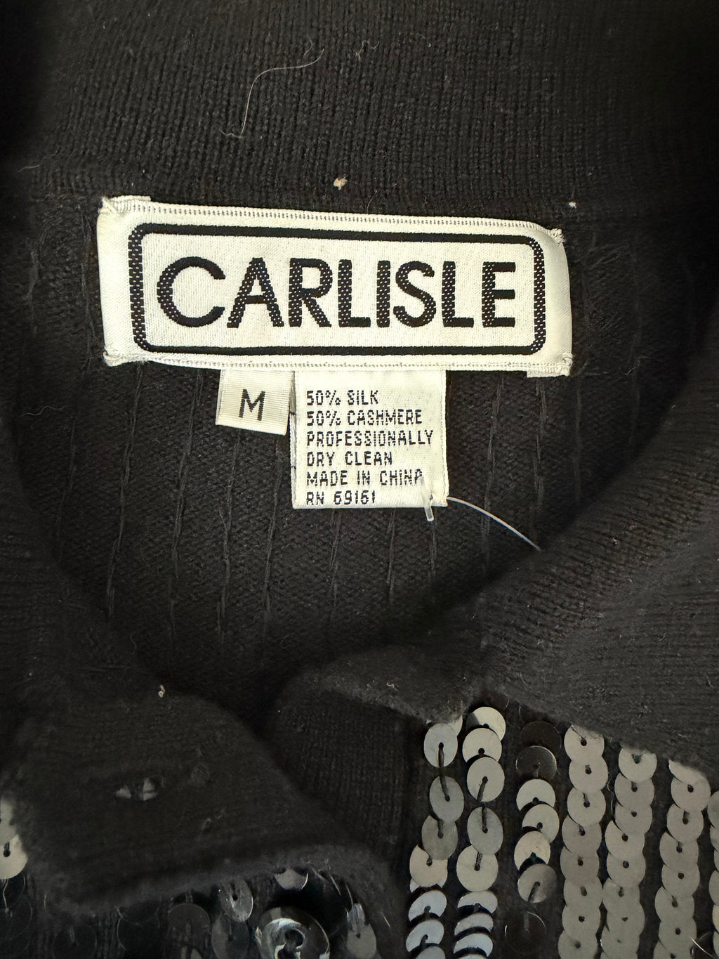Vintage 1990s early 2000s Carlisle black silk and cashmere sequin knit polo top