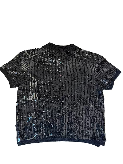 Vintage 1990s early 2000s Carlisle black silk and cashmere sequin knit polo top