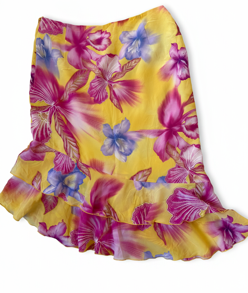 Escada 100% Silk Tropical Floral Asymmetric Ruffle Skirt | Y2K Designer Resort