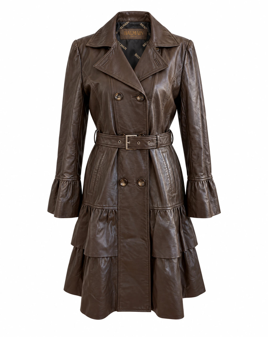 Balmain Brown Leather Ruffle Trench Coat | Y2K