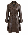 Balmain Brown Leather Ruffle Trench Coat | Y2K