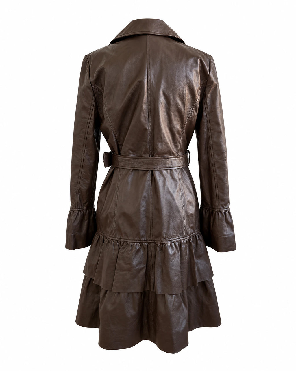 Balmain Brown Leather Ruffle Trench Coat | Y2K