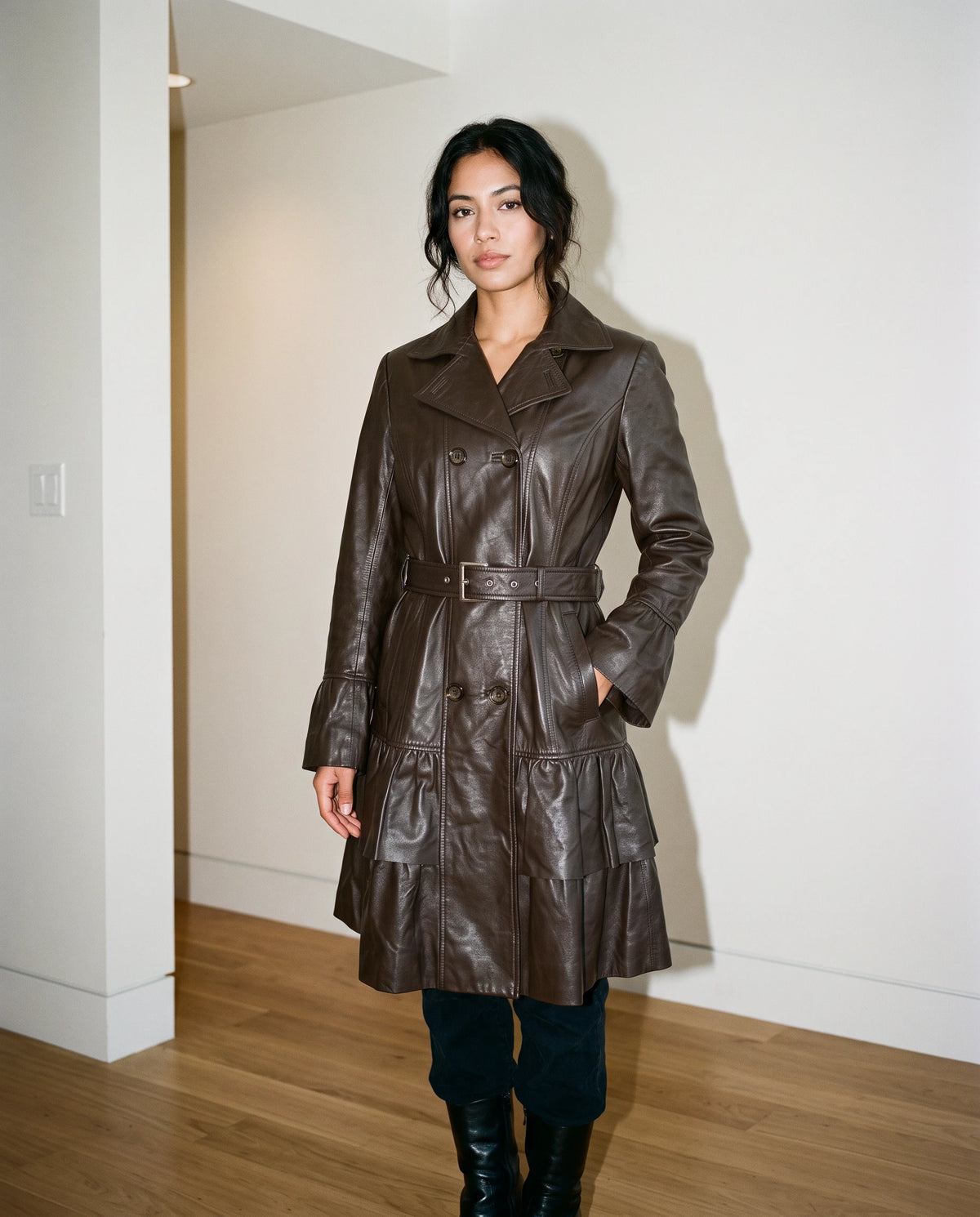 Balmain Brown Leather Ruffle Trench Coat | Y2K