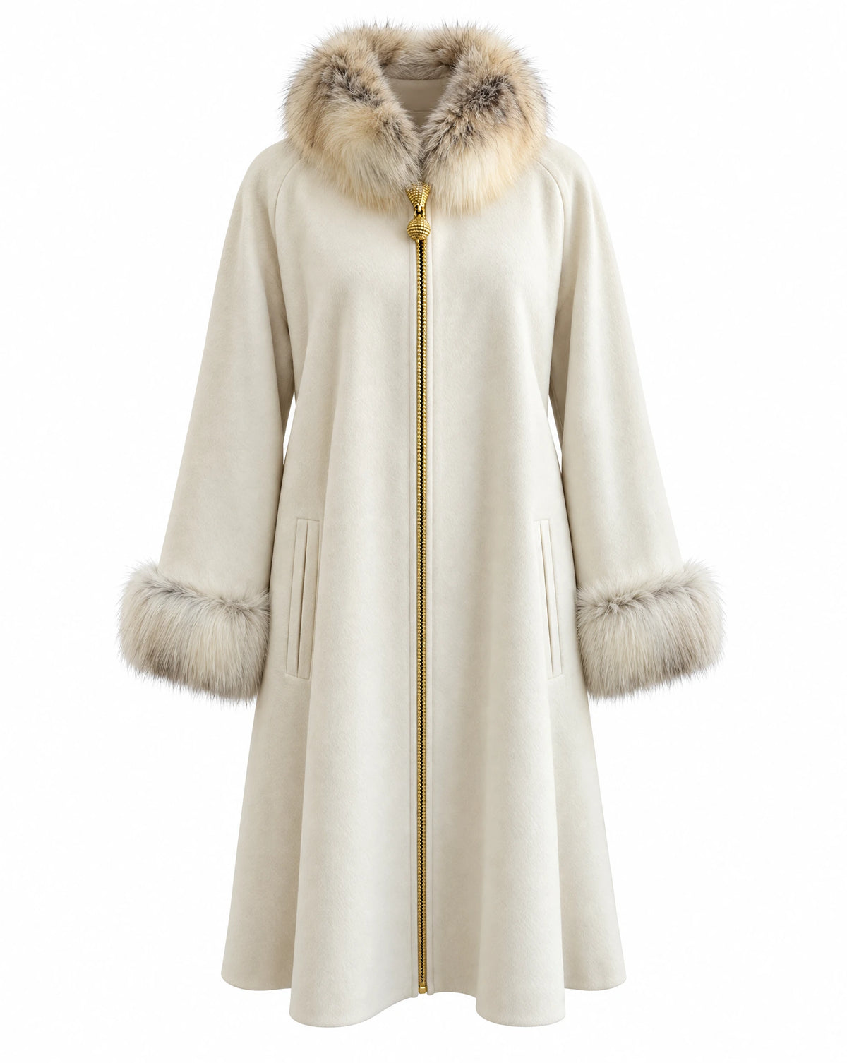 Louis Féraud Vintage Ivory Virgin Wool Coat with Genuine Fur Trim & Gold Zipper