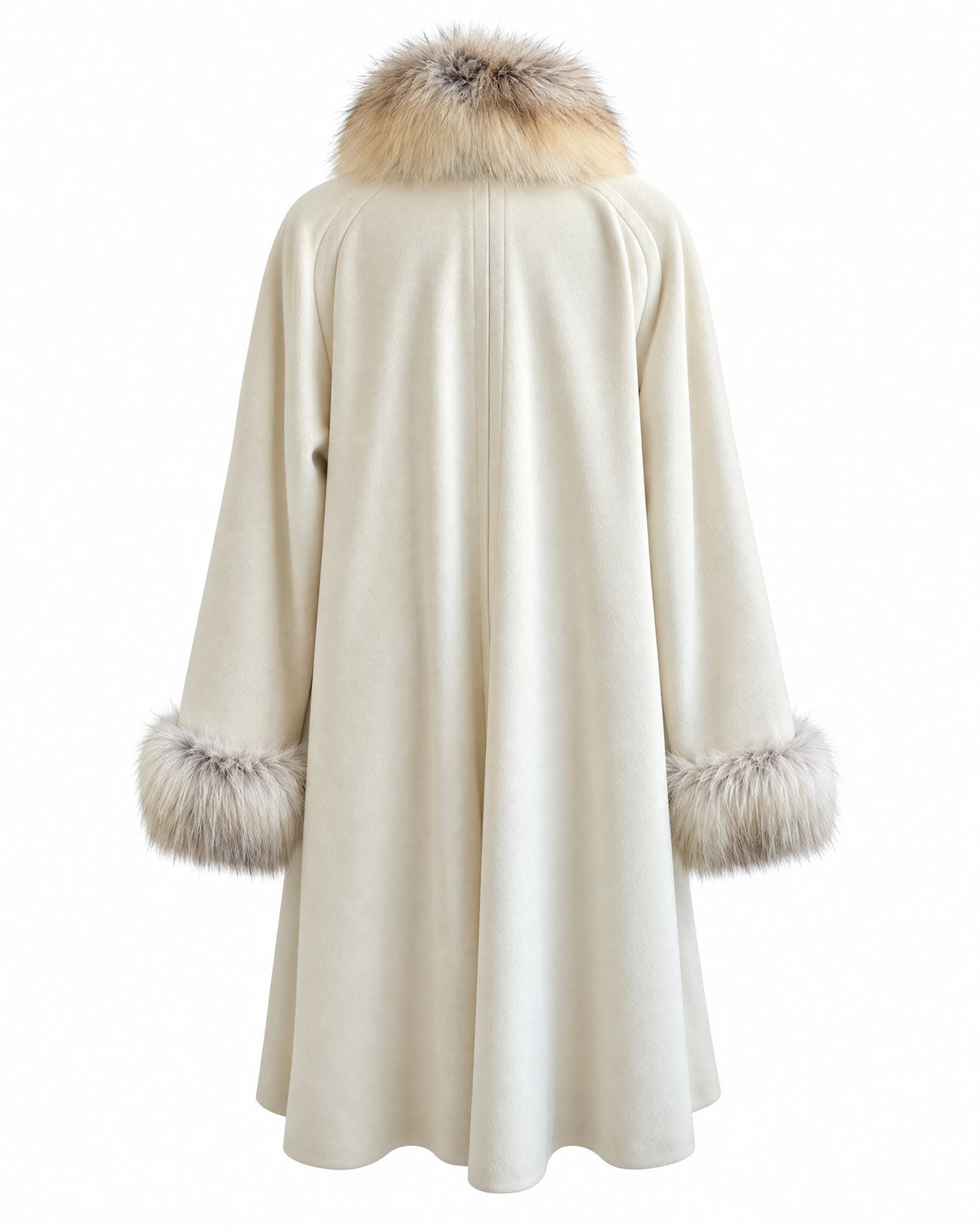 Louis Féraud Vintage Ivory Virgin Wool Coat with Genuine Fur Trim & Gold Zipper