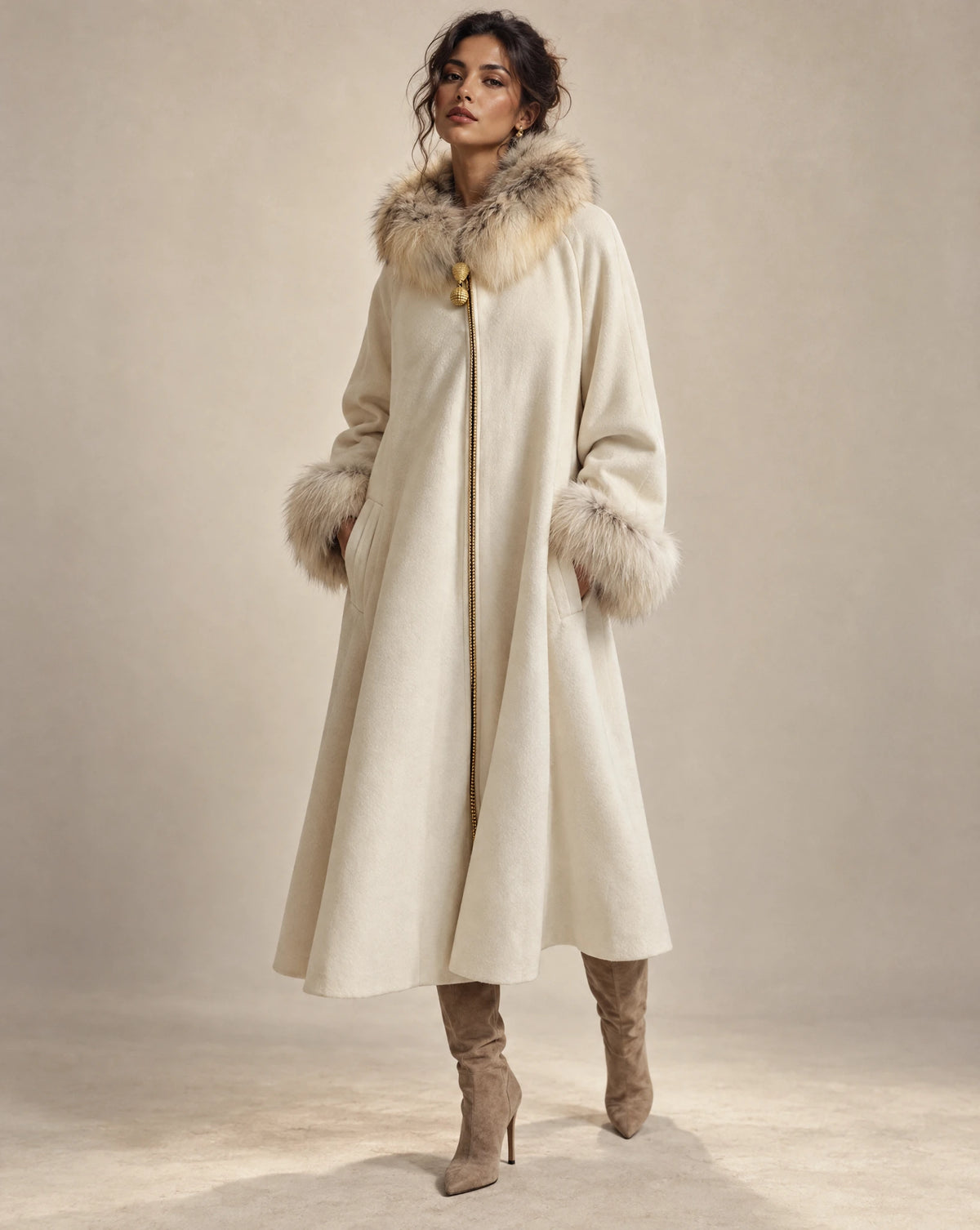 Louis Féraud Vintage Ivory Virgin Wool Coat with Genuine Fur Trim & Gold Zipper