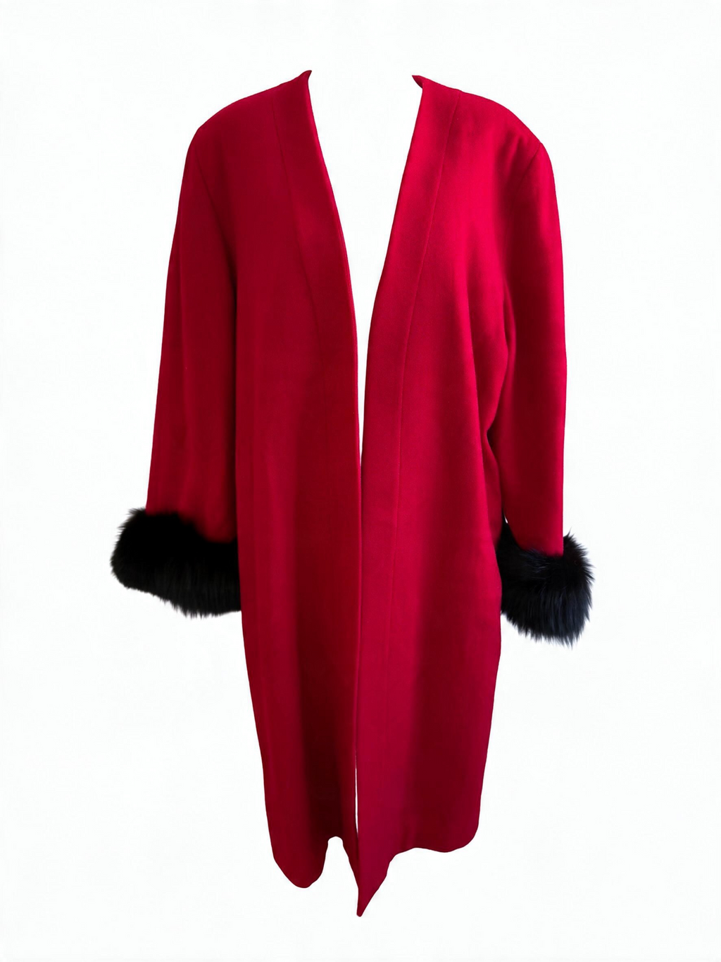 Vintage Oleg Cassini Red Wool Coat with Black Fur Cuffs