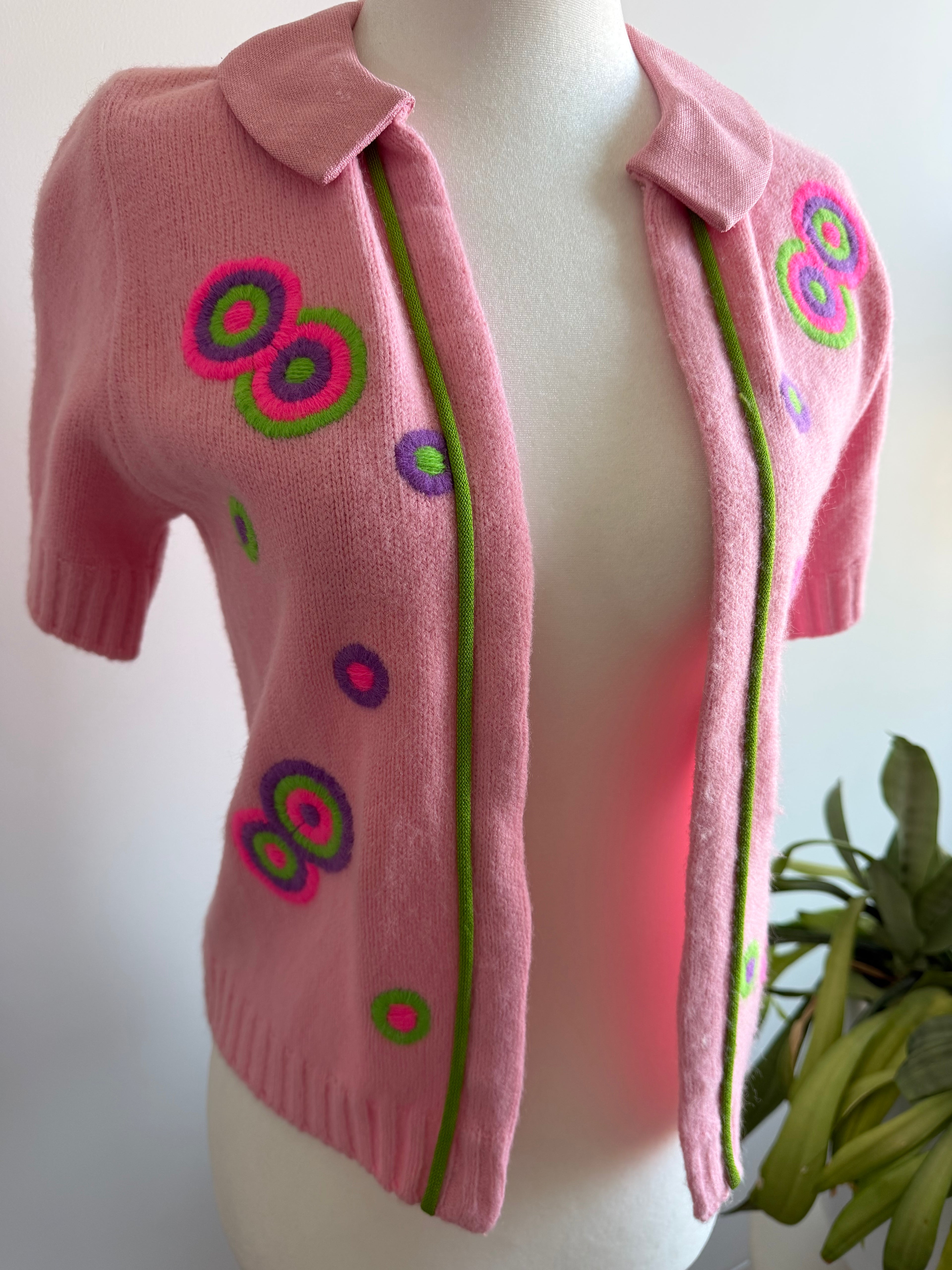 1970s Pink Embroidered Orlon Cardigan | Mod Psychedelic Sweater | Vintage 70s Knit