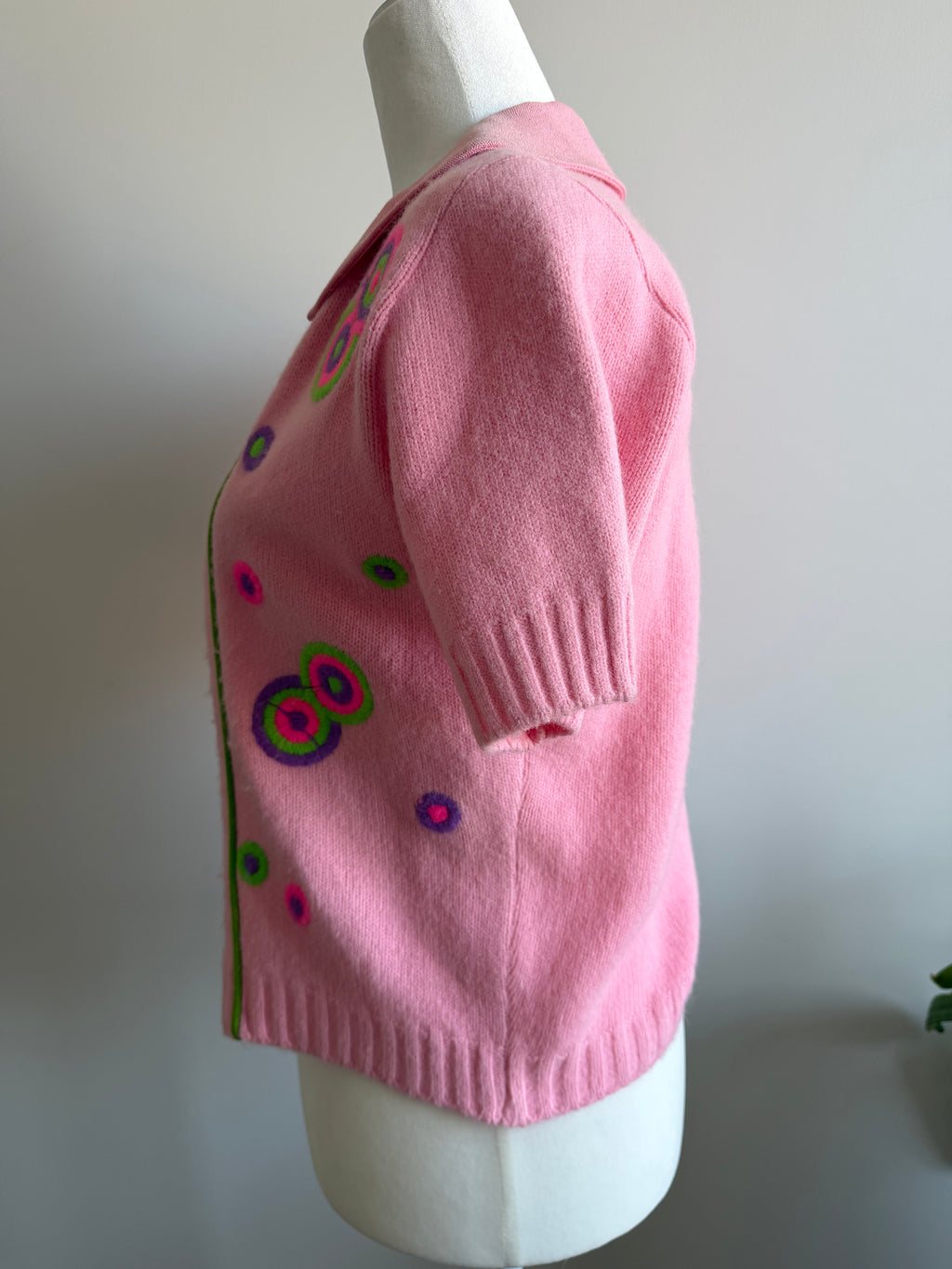 1970s Pink Embroidered Orlon Cardigan | Mod Psychedelic Sweater | Vintage 70s Knit
